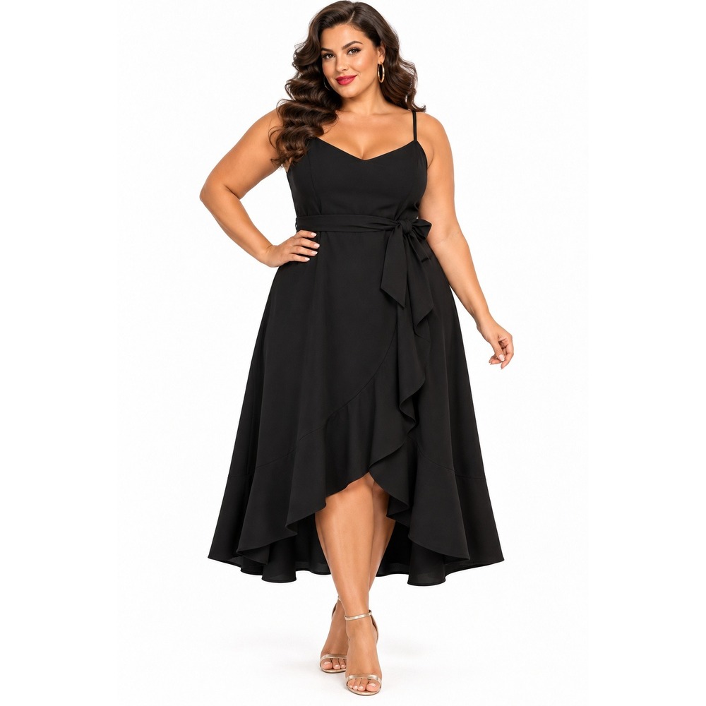 Pinup Fashion Black Faux Wrap Ruffle Midi Dress Plus Size 14W Tie Waist Cocktail